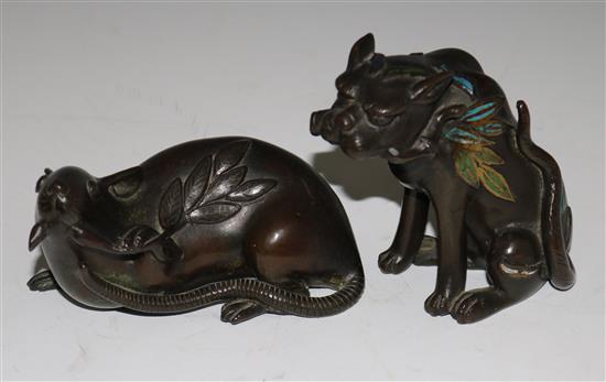 A Chinese enamelled bronze model of a tiger, 9cms and a figure of a rat